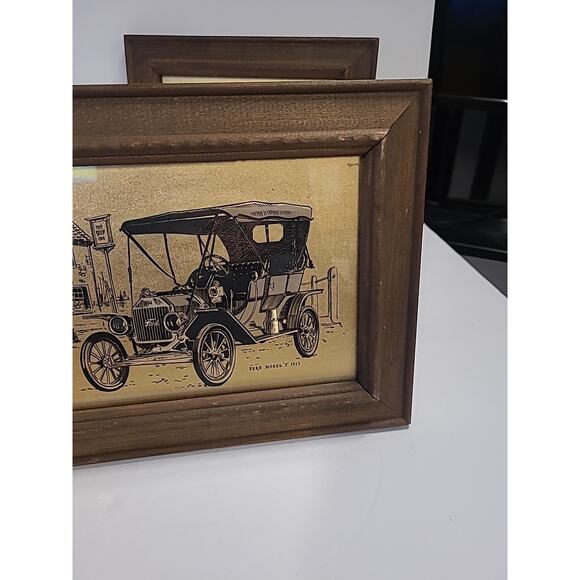 Gold Colored Prints Pictures 1915 Ford Model T 1909 Rolls Royce Framed Man Cave - Picture 6 of 11